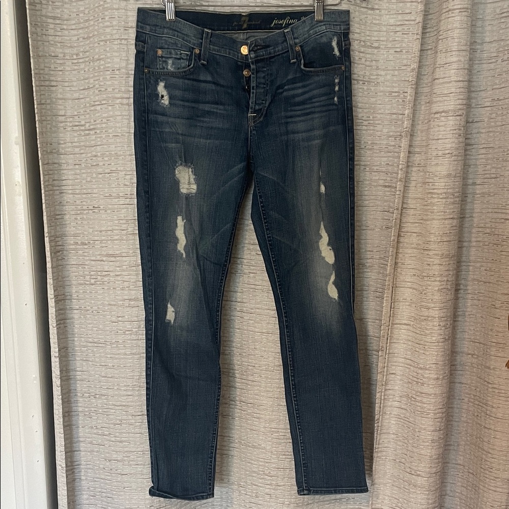 7 For All Mankind Dark Blue Distressed Skinny Jeans